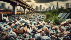 ixo acumulado em uma área urbana sem coleta, evidenciando os problemas da gestão inadequada de resíduos.