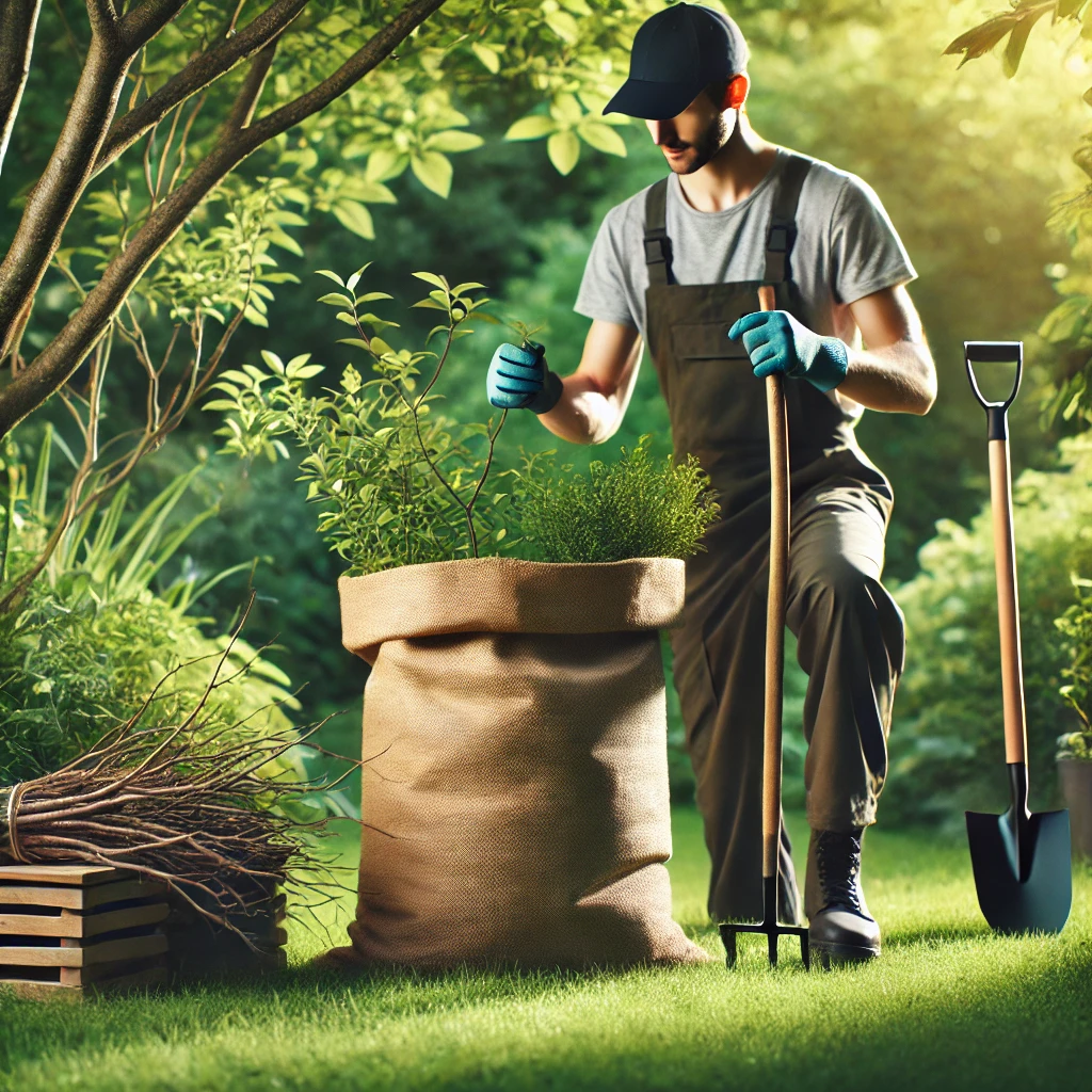 ardineiro trabalhando em um jardim com uso de ferramentas e sacos de lixo especiais.