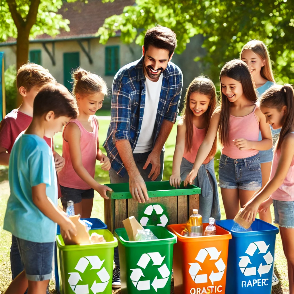 Crianças participando de uma aula sobre reciclagem, aprendendo a separar corretamente os resíduos.